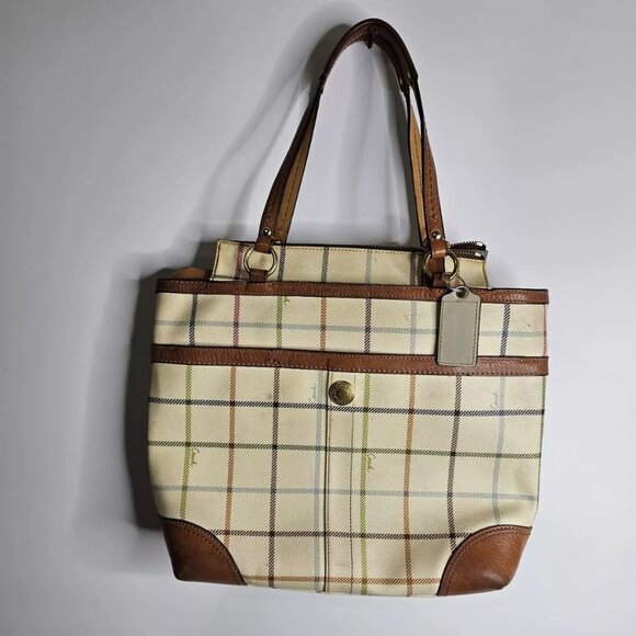 VTG Classic Coach Heritage Tatterall Plaid Bag Tote Blue Stripe #D0868-12561 - Picture 3 of 13